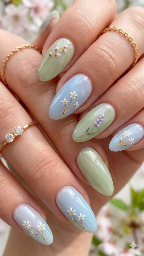 Sage Green Nails With Flowers